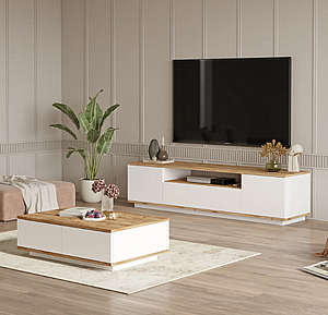 סט מזנון + שולחן סלון לבן בשילוב עץ דגם רביל סט מזנון + שולחן סלון לבן בשילוב עץ דגם רביל